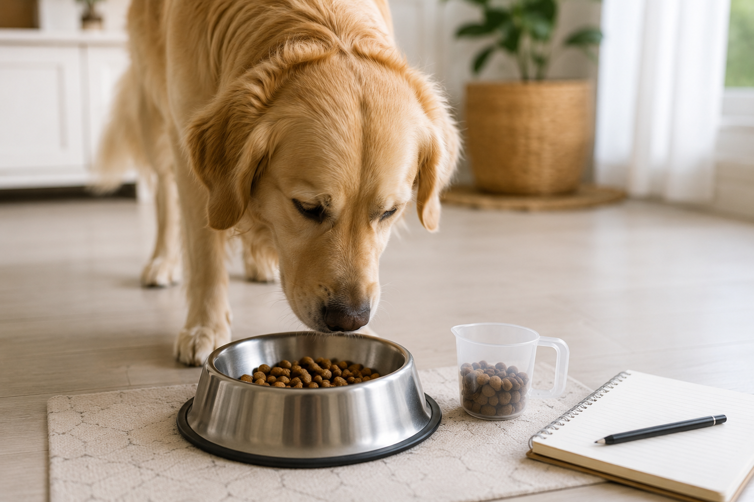 Köpeğin ölçülü porsiyon bulunan mama kabına kontrollü şekilde yaklaşması