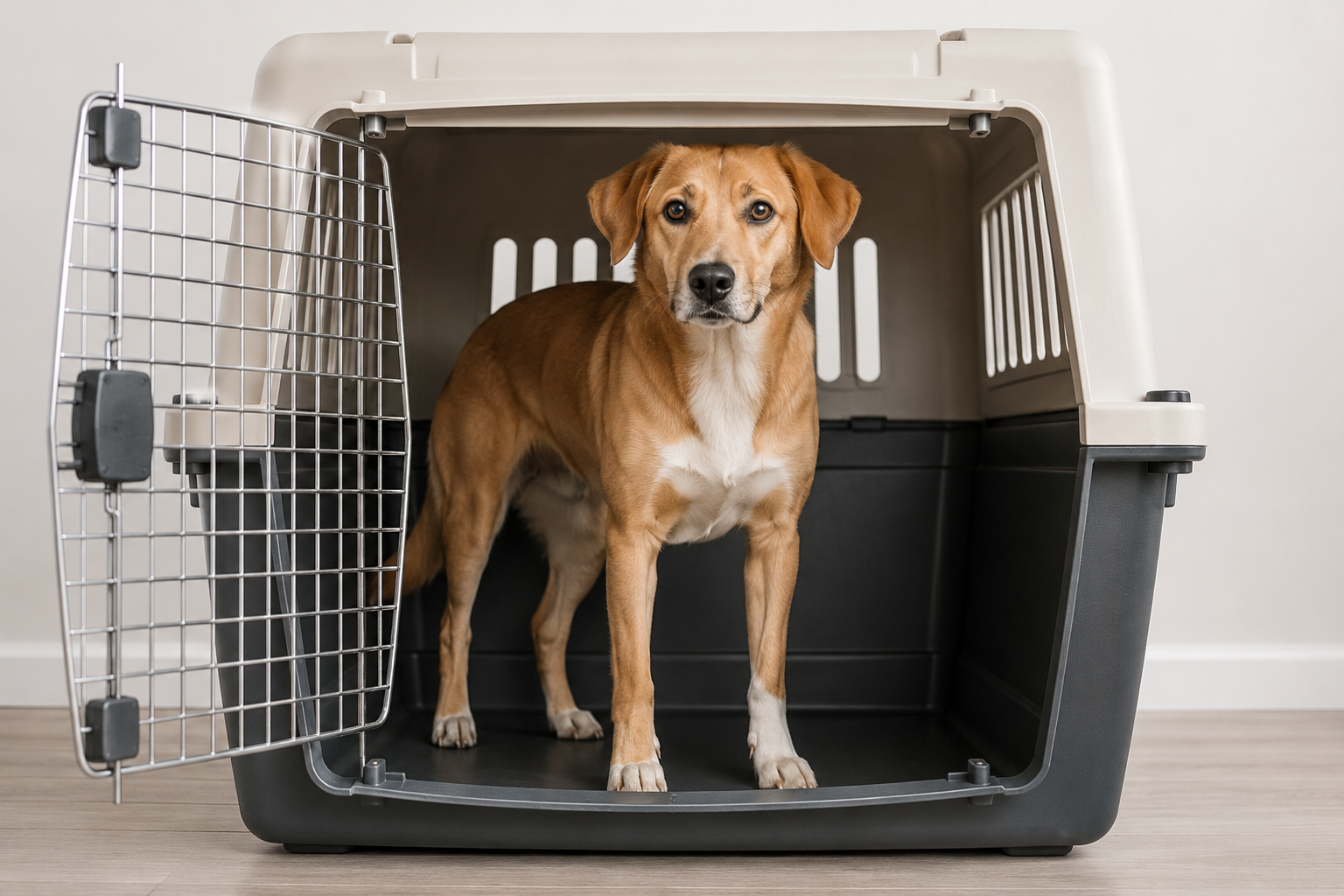 Köpek taşıma kafesinde havalandırma, kapı kilidi ve sabitlenebilir su kabı detayları