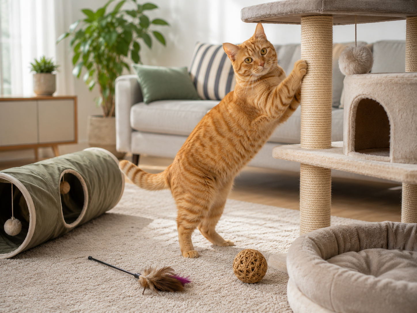 Tırmalama tahtası ve oyuncaklarla zenginleştirilmiş alanda sarman kedi