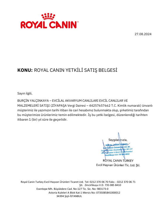 Royal Canin Yetki Belgesi