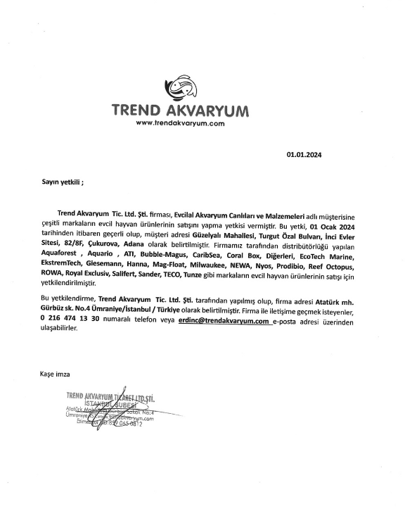 Trend Akvaryum Yetkili Satıcı Belgesi