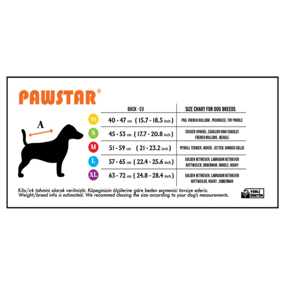 Pawstar Köpek Yağmurluğu Beden Tablosu