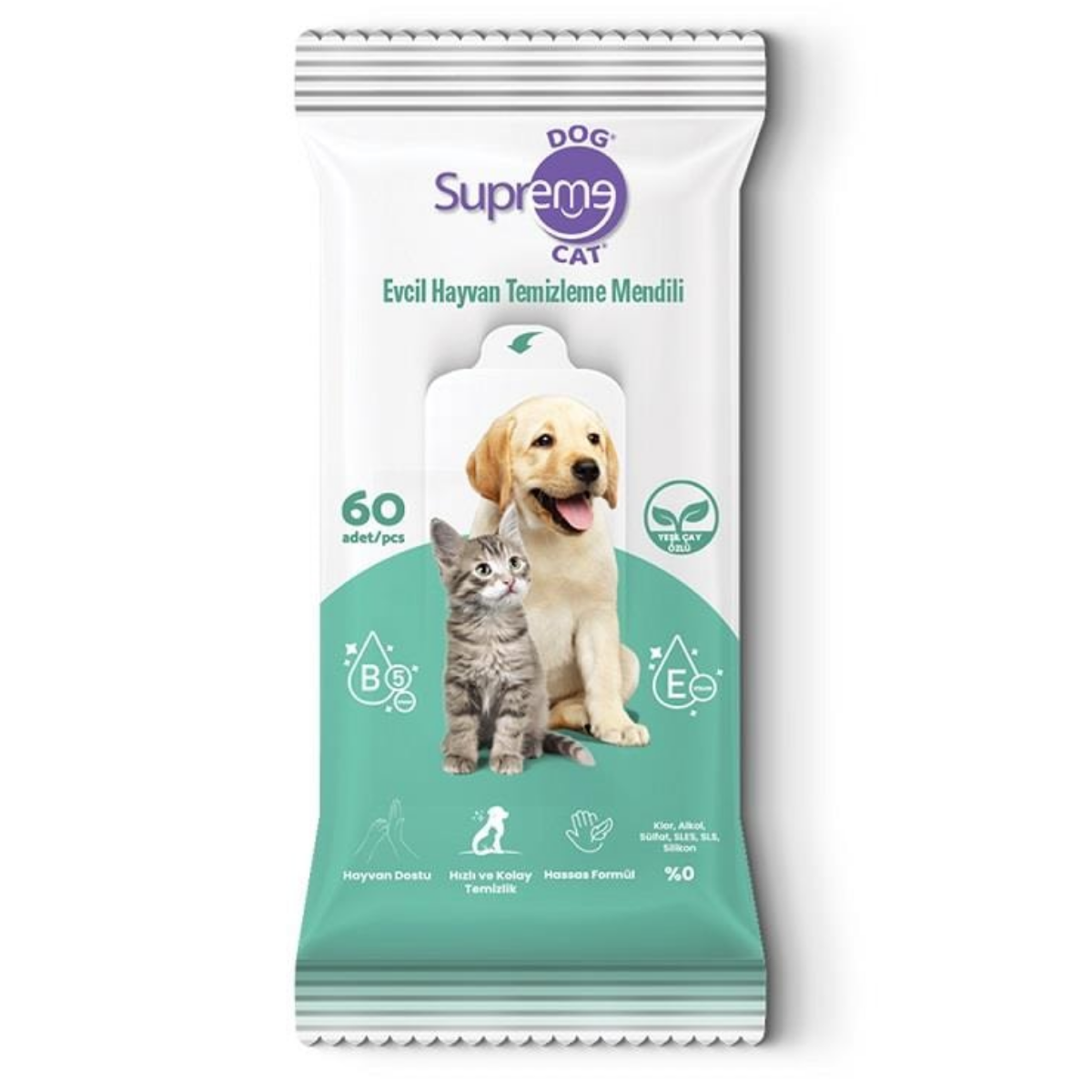 Supreme Yeşil Çaylı Kedi ve Köpek Temizleme Mendili 60 lı