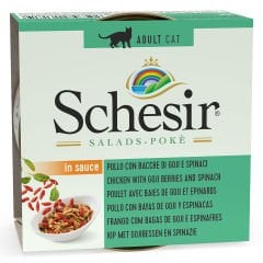 Schesir Salads Poke Sos İçinde Tavuklu Ispanaklı ve Gojiberryli Kedi Konservesi 85 gr
