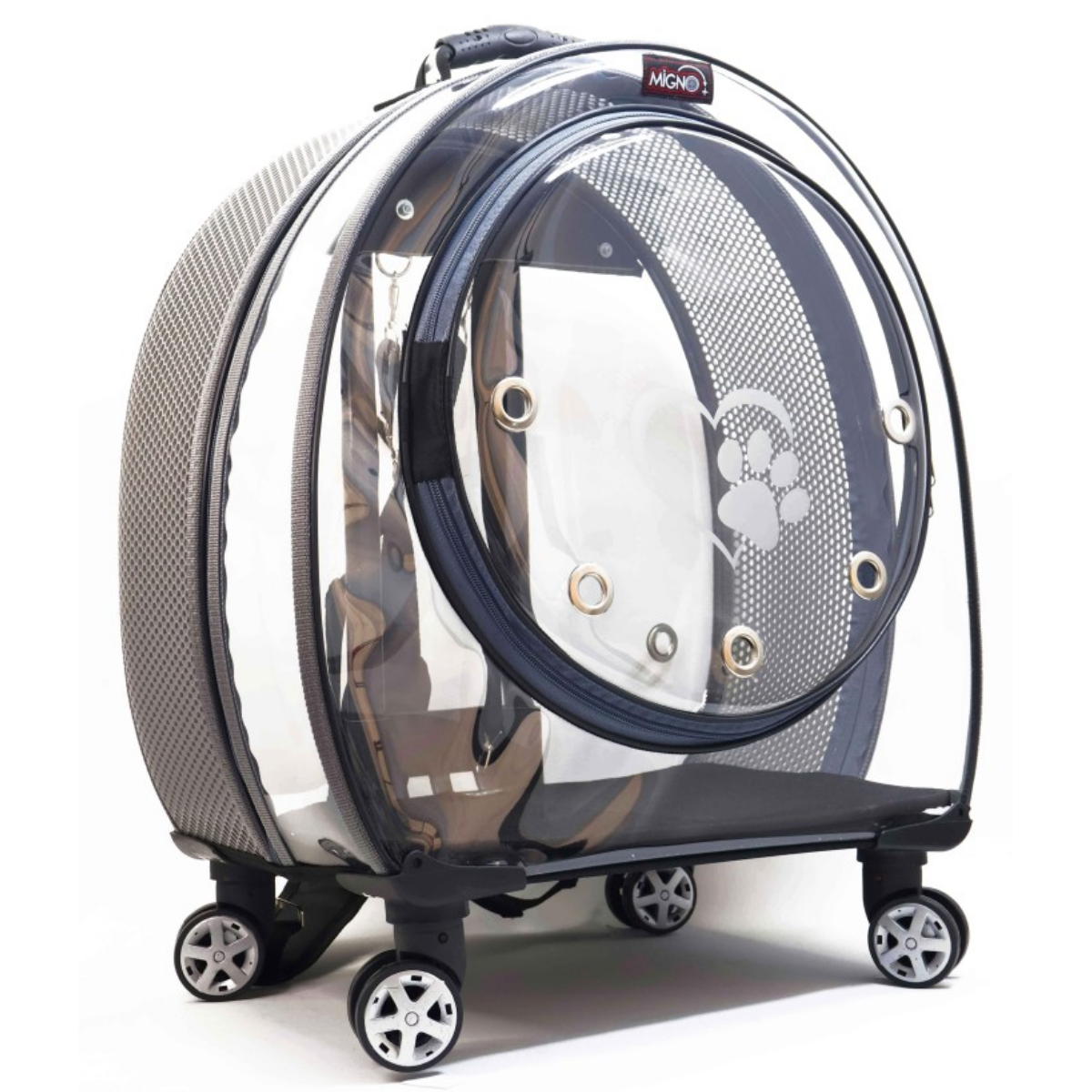 Migno Jumbo Tekerlekli Kedi Köpek Taşıma Çantası Şeffaf Fileli Gri 53 x 33 x 53 cm