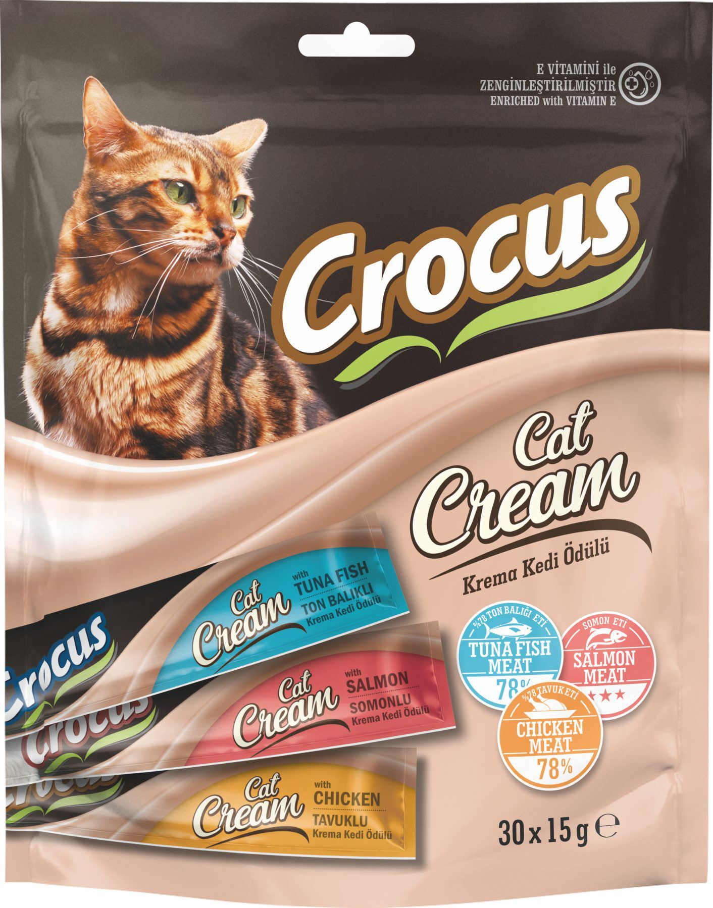 Crocus Tavuklu Ton Balıklı ve Somonlu Krema Kedi Ödülü 30 x 15 gr