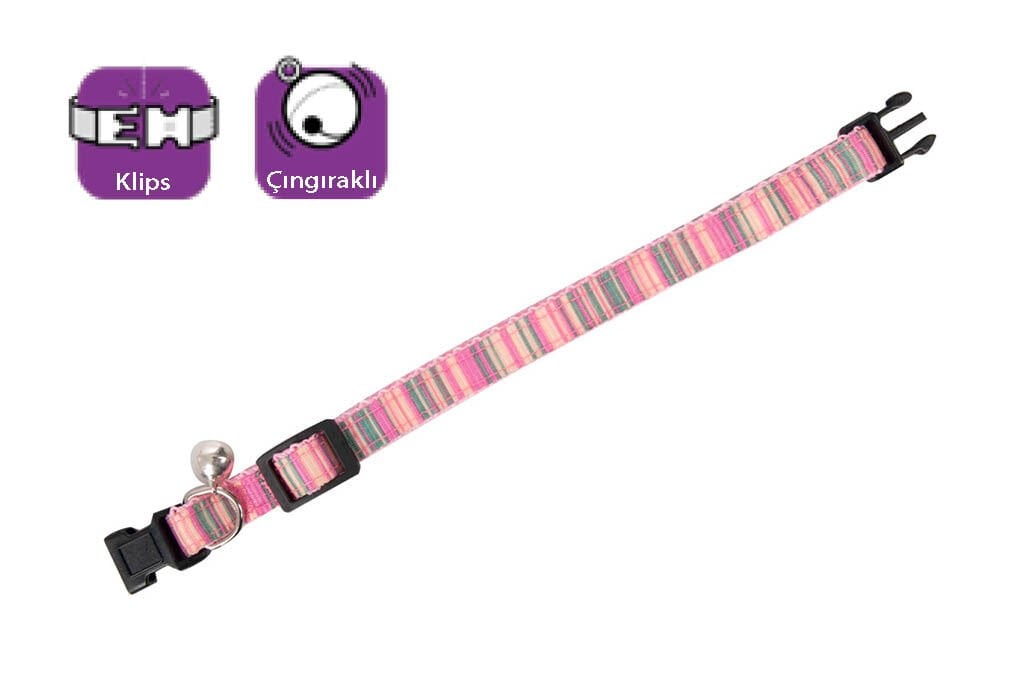 Karlie Pembe Çizgili Çıngıraklı Kedi Boyun Tasması 30 Cm