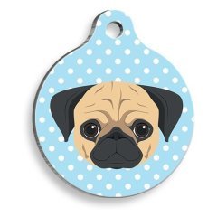 Pet Tag Art Mavi Puantiyeli Pug Yuvarlak Köpek Künyesi Medium: 3 cm.