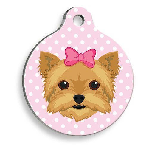 Pet Tag Art Yorkshire Terrier Pembe Puantiyeli Yuvarlak Köpek Künyesi Medium: 3 cm.