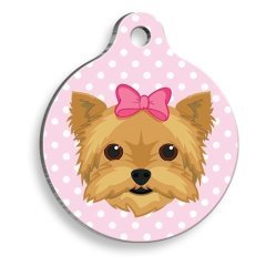 Pet Tag Art Yorkshire Terrier Pembe Puantiyeli Yuvarlak Köpek Künyesi Medium: 3 cm.