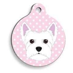 Pet Tag Art Pembe Puantiyeli Batı Highland Beyaz Terrier Yuvarlak Köpek Künyesi Small