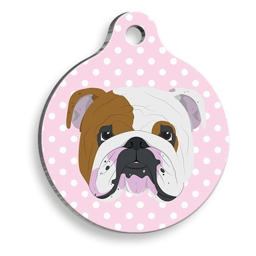 Pet Tag Art Pembe Puantiyeli English Bulldog Yuvarlak Köpek Künyesi