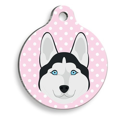 Pet Tag Art Puantiyeli Pembe Husky Yuvarlak Köpek Künyesi