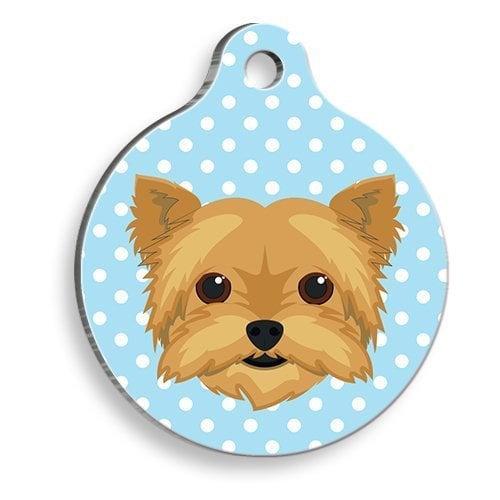 Pet Tag Art Yorkshire Terrier Desenli Mavi Puantiyeli Yuvarlak Köpek Künyesi