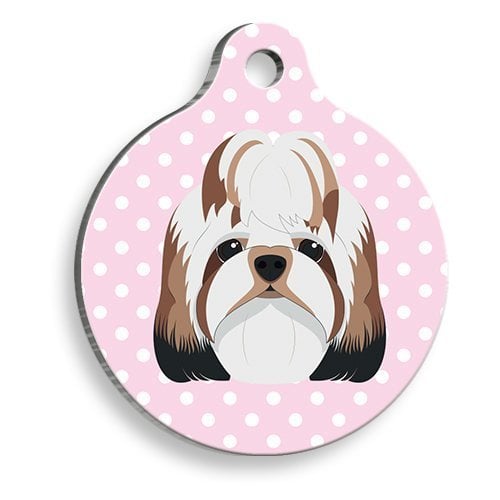 Pet Tag Art Pembe Puantiyeli Shih Tzu Yuvarlak Köpek Künyesi