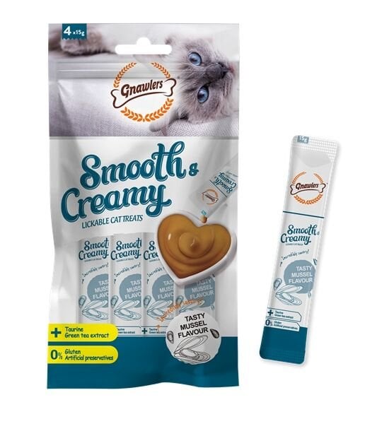 Gnawlers Cat Creamy Mussel 15 gr x 4 Adet 12 Paket Ton Balığı ve Midyeli Kedi Krema