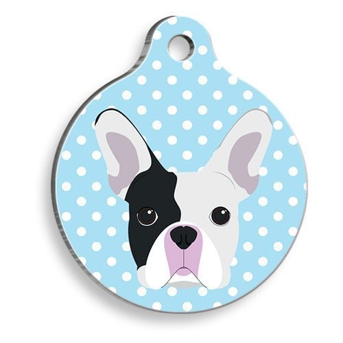 Pet Tag Art Mavi Puantiyeli Boston Terrier Yuvarlak Köpek Künyesi