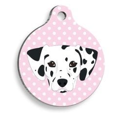 Pet Tag Art Pembe Puantiyeli Dalmaçyalı Yuvarlak Köpek Künyesi