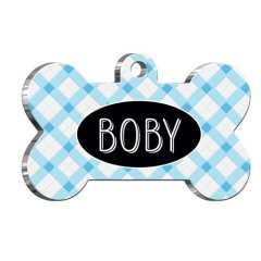 Pet Tag Art Mavi Ekoseli Kemik Şekilli Köpek Künyesi Small: 2,1 x 3,1 cm.