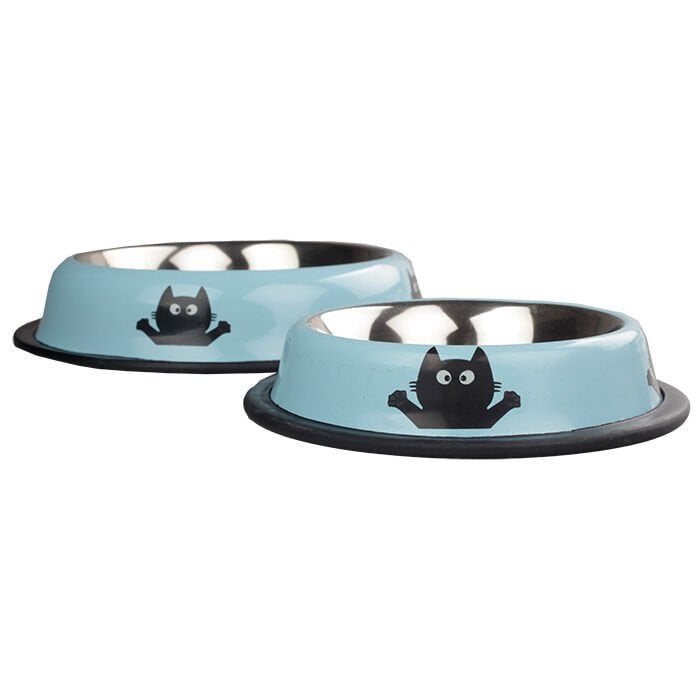 Oripet Kedi Desenli Mavi Çelik Mama Kabı 8 Oz.-12cm