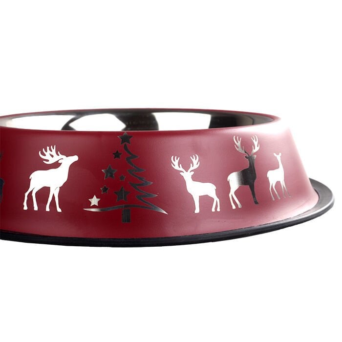 Oripet Yılbaşı Desenli Bordo Kedi ve Köpek Çelik Mama Kabı 32 Oz 18 cm