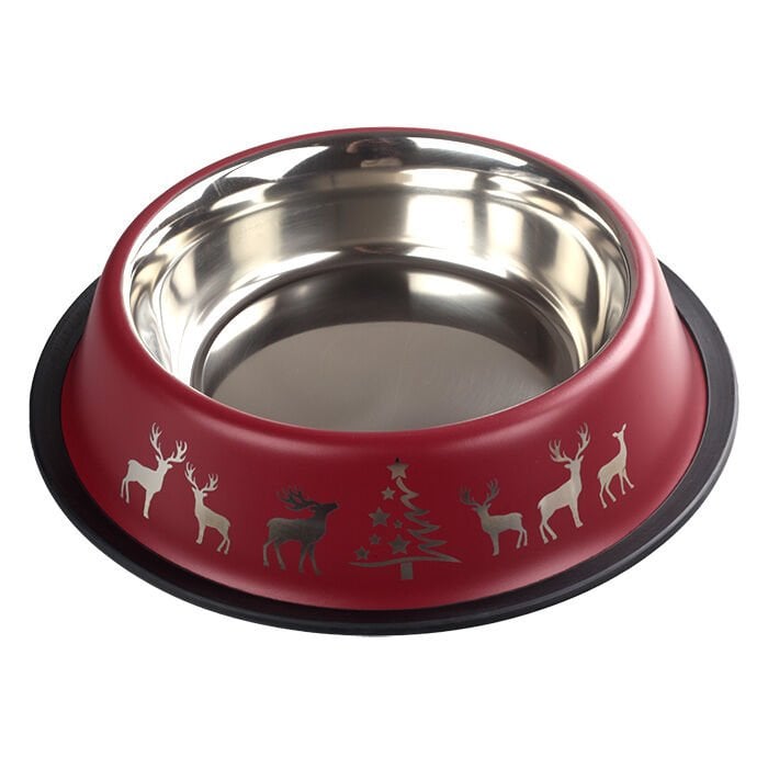 Oripet Yılbaşı Desenli Bordo Kedi ve Köpek Çelik Mama Kabı 64 Oz 22 cm