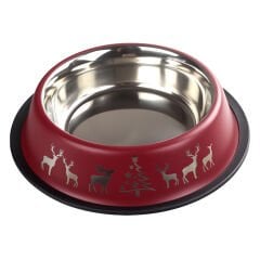 Oripet Yılbaşı Desenli Bordo Kedi ve Köpek Çelik Mama Kabı 64 Oz 22 cm