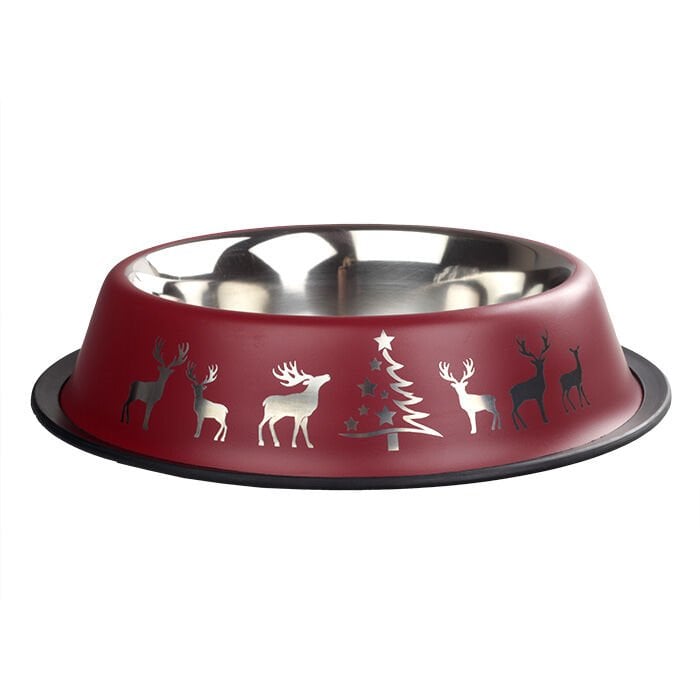 Oripet Yılbaşı Desenli Bordo Kedi ve Köpek Çelik Mama Kabı 96 Oz 25 cm