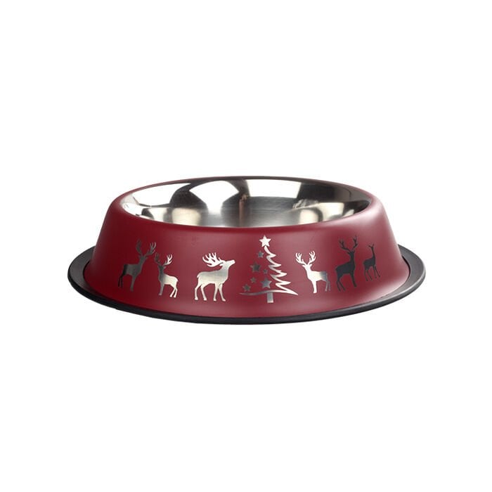 Oripet Yılbaşı Desenli Bordo Kedi ve Köpek Çelik Mama Kabı 16 Oz 15.5 cm