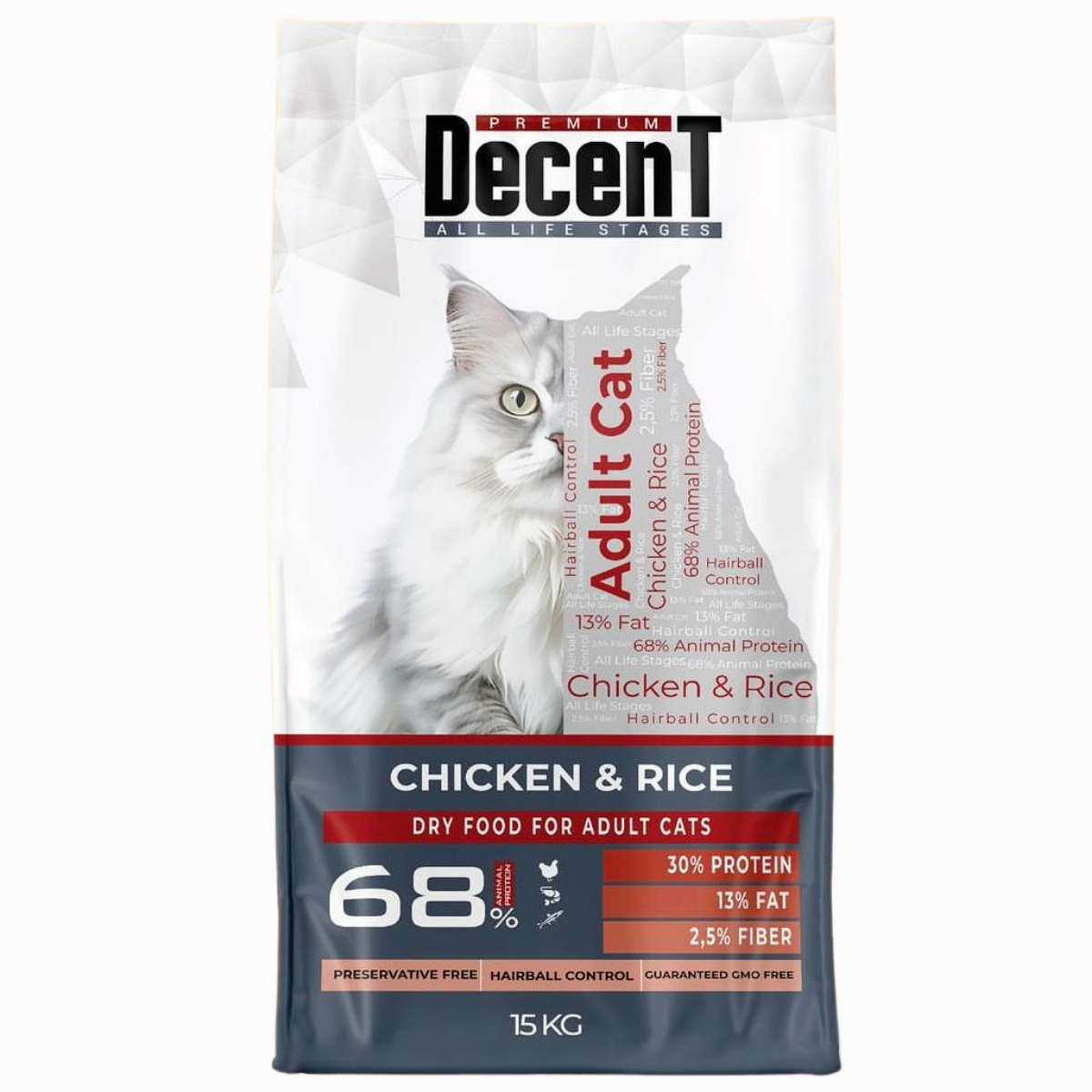 Decent Adult Hairball Cat Tavuklu ve Pirinçli Yetişkin Kedi Maması 15 Kg