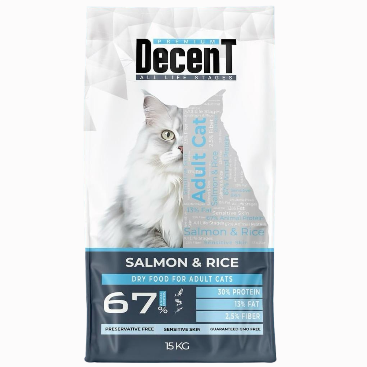 Decent Sensitive Cat Somonlu ve Pirinçli Yetişkin Kedi Maması 15 Kg
