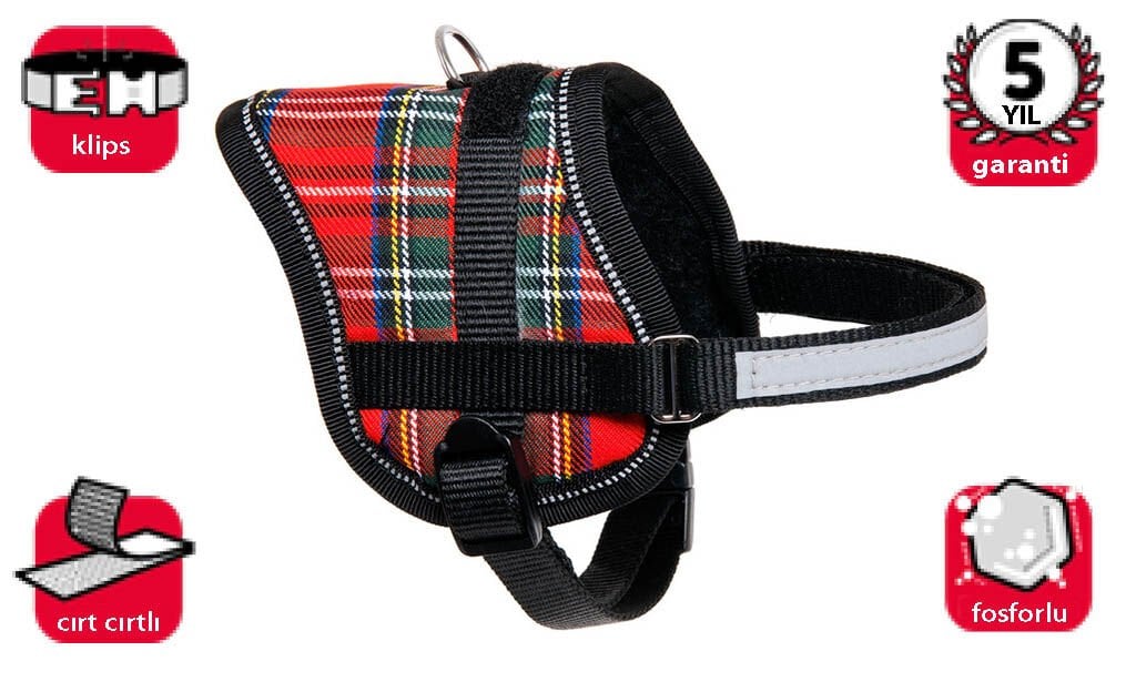 Karlie Kırmızı - Beyaz Reflektörlü İsimlikli Göğüs Tasması XS 26 - 35 Cm