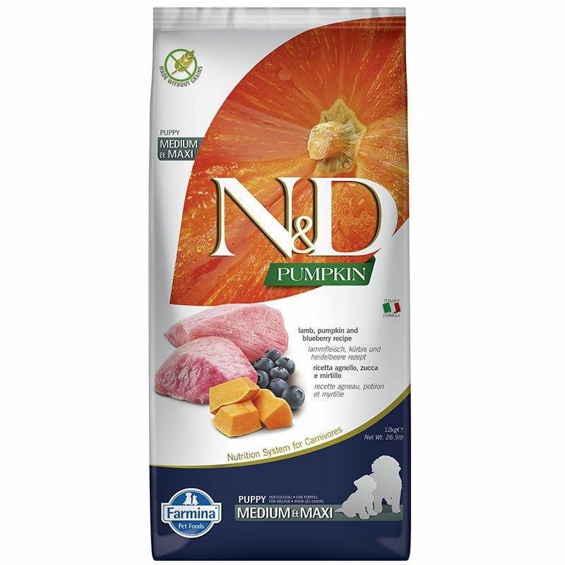 ND Pumpkin Kuzu Etli Yaban Mersinli Medium Maxi Puppy 12 Kg Yavru Köpek Maması